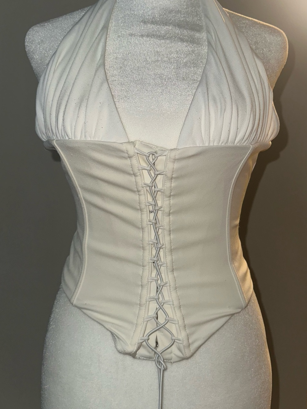 White Fox Boutique White Halter Lace-Up Corset Bodysuit